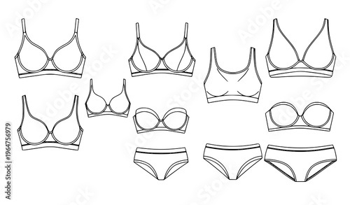 Female lingerie bra outline vector underwear icon set
