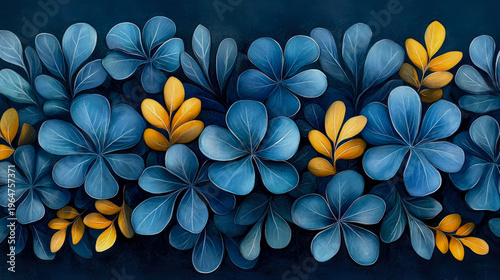 Beautiful artistic representation of stylized blue flowers and golden yellow leaves against dark navy blue textured background, creating rich and elegant floral pattern with subtle lighting and shadow