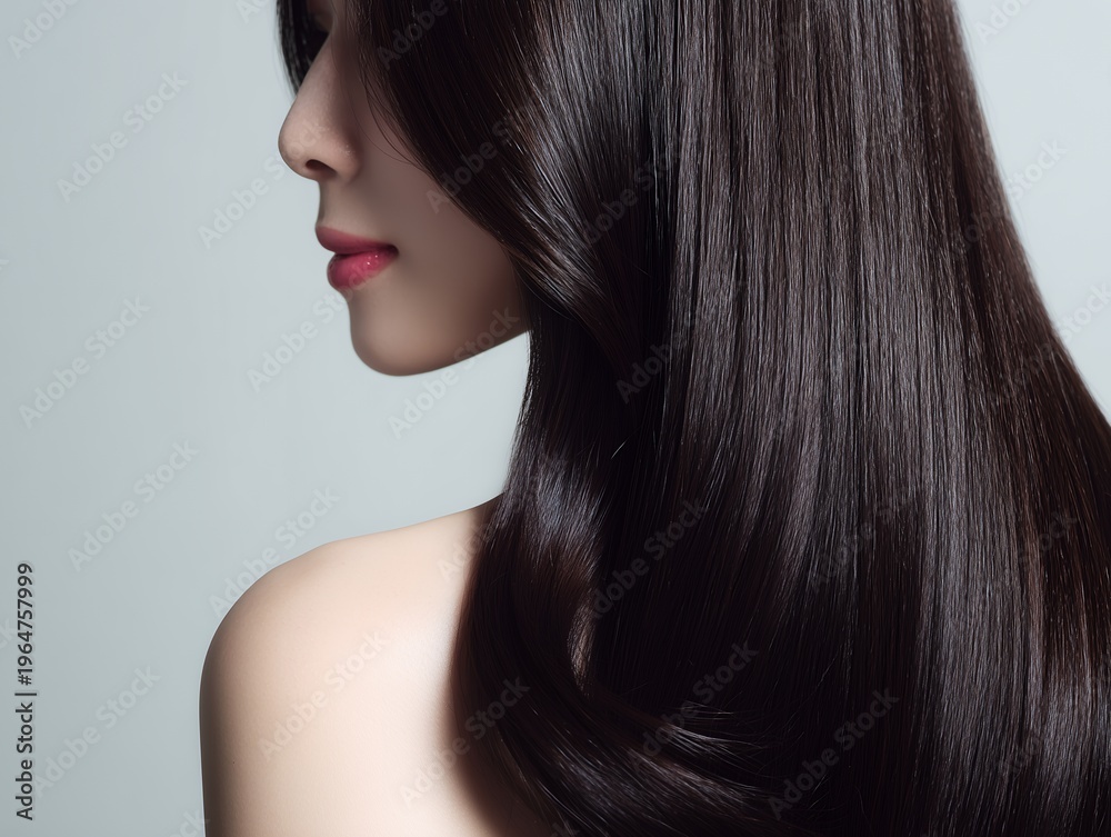 Fototapeta premium 艶やかな黒髪が美しく輝き背中まで流れるロングヘアの横顔が綺麗な若い女性のビューティーフォト