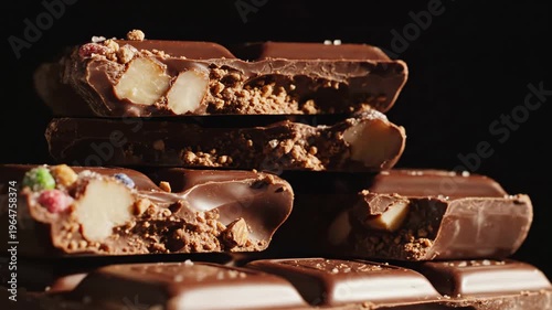 Dark, lustrous chocolate pieces broken into irregular chunks fill the frame in a moody, cinematic still life composition.