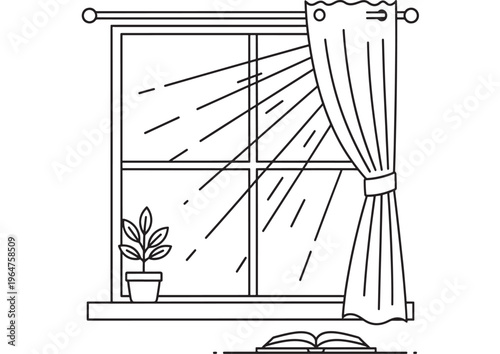 Window with open curtain and potted plant on the sill, sunny interior scene featuring room, architecture, design with home and house elements for