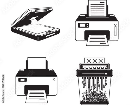 Printers set with various styles and paper output, including opened and jammed models. featuring printer, printing, office equipment with