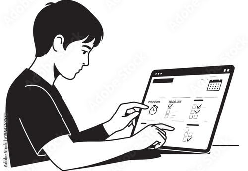 Laptop computer with a young boy interacting and using a mouse featuring interaction, technology, digital with screen and display elements for