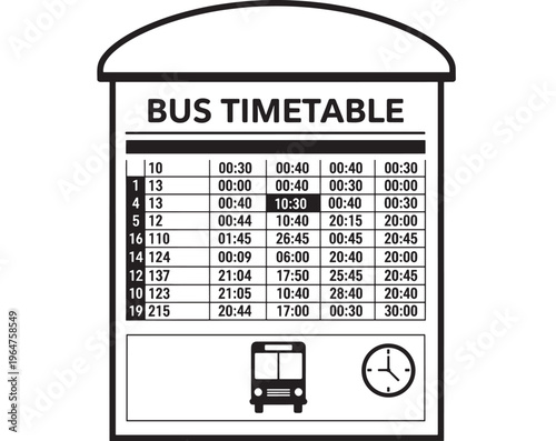 Bus timetable sign with detailed schedule and clock icon featuring public transportation, route times, travel information with route planner and