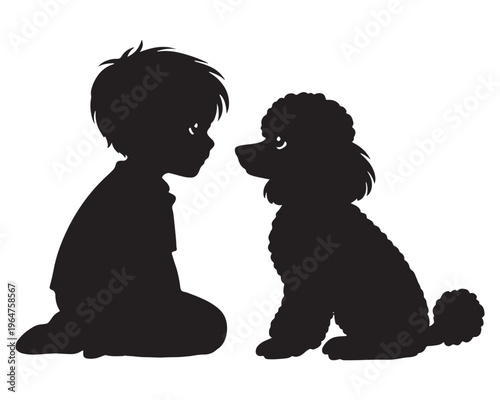 Black silhouette of a boy and a poodle dog, profile view of a child kneeling with a pet, minimalist animal and human friendship vector illustration