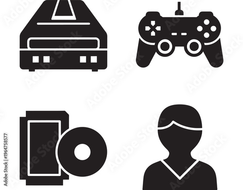 Gaming console icons set with controller, player, and disk symbols in black featuring video game, video, entertainment with leisure and fun elements