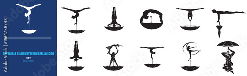 Circus acrobat silhouettes set, 10 female equilibrium umbrella icons, gymnastic balance performance vector, black and white circus artist figures
