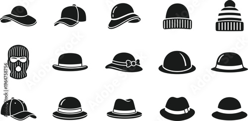 Hat silhouette icons collection, caps beanie fedora bowler helmet winter headwear styles, black fashion vector illustration set
