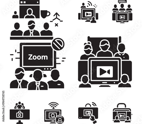 Icons video conference set with black silhouettes and white graphics on screen featuring remote meeting, online meeting, virtual meeting with