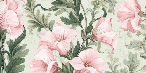 Abstract Delicate floral pattern with pink bell flowers and lush greenery background with texture.