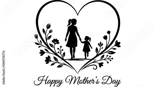Mother Daughter Silhouette Heart Floral Frame, Happy Mother's Day Vector Art, Family Love Symbol, Celebration Graphic