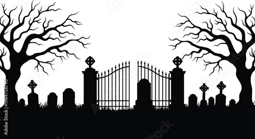 Haunted cemetery silhouette, spooky graveyard scene, gothic horror design, Halloween background, eerie trees, wrought iron gate, cad drawing flat vector illustration