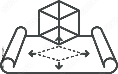 Vector isometric projection, technical drawing, 3D cube on scroll, perspective grid