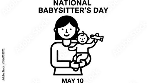 National Babysitter's Day Vector Illustration, May 10 Celebration, Caring Nanny Holding Baby, Simple Line Art Design, Childcare Event Graphic