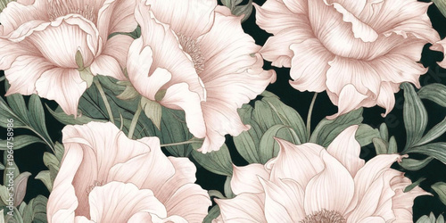 Abstract Delicate floral pattern with pink bell flowers and lush greenery background with texture.