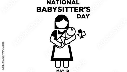 National Babysitter's Day Vector Icon, May 19, Stylized Caregiver Holding Infant, Simple Stick Figure Illustration for Childcare Celebration