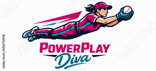PowerPlay Diva Softball Logo Featuring Diving Female Player Catching Ball In Dynamic Athletic Vector Design Representing Strength Agility Determination And Competitive Spirit