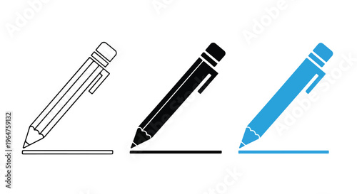 Three colored pencils in gray, black, and blue on a white background with a flat lay composition.