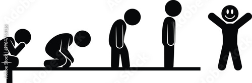 Human emotional recovery process, depression to happiness transformation, mental health improvement, personal growth journey, healing stages illustration, self development concept