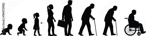 Human evolution silhouettes, growth stages, childhood to old age, life cycle, aging process, human development, progression, life stagesHuman evolution silhouettes, growth stages, childhood to old 