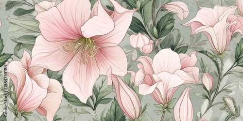 Abstract Delicate floral pattern with pink bell flowers and lush greenery background with texture.