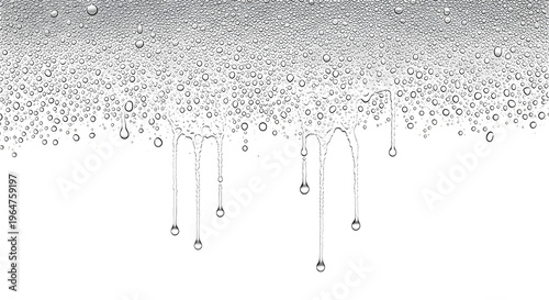 Isolated raindrops falling on a transparent background with a dark grey surface above
