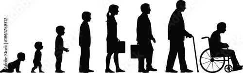 Human life cycle silhouette, stages from baby to elderly, growth evolution, people aging process, man and woman progression, generation development illustration