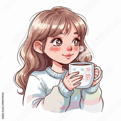 Cute Little Girl Drinking Warm Beverage Illustration, Cozy Kids Lifestyle Concept for Children Book, Printable Sticker, Worksheet and Nursery Design