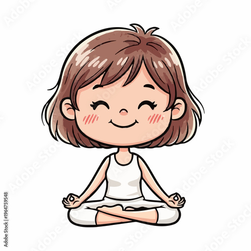 Cute Little Girl Meditating in Yoga Pose Illustration for Kids Wellness, Mindfulness Education, Relaxation Concept, Children Book, Poster, Printable Worksheet and Sticker Design