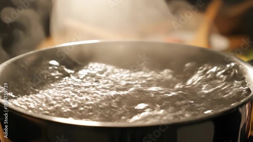 Video of rapidly boiling water in close macro view, hot cooking scene, meal preparation theme and domestic kitchen environment visual with visible steam and bubbling motion.