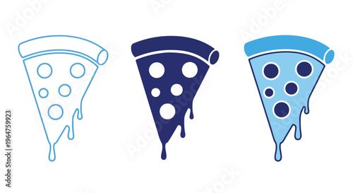 Flat lay of three stylized pizza slices in different shades of blue with varying toppings on a white background.