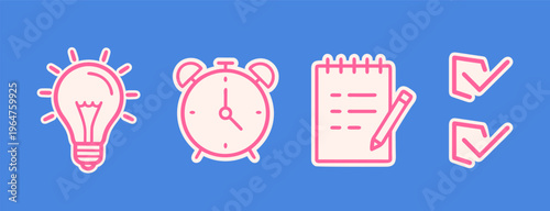 Cute pink stickers for productivity and education. Set featuring lightbulb, alarm clock, notebook, and checkmarks. Ideal for digital planners and study blogs.