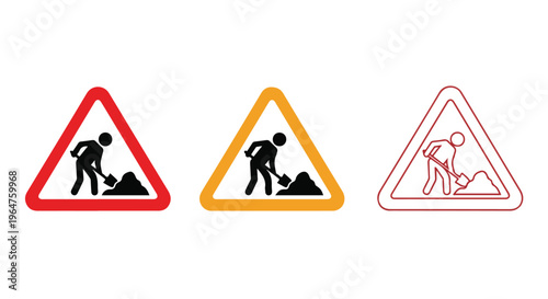 Three triangular road signs with workers digging on white background, in red, yellow, and pink outlines.