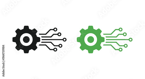 Graphic illustration of two gear icons with circuit board lines on a white background, one black and one green.