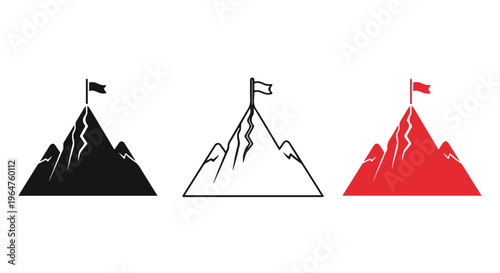 Minimalist graphic illustrations of three mountain peaks with flags in black, white, and red on a clean white background.