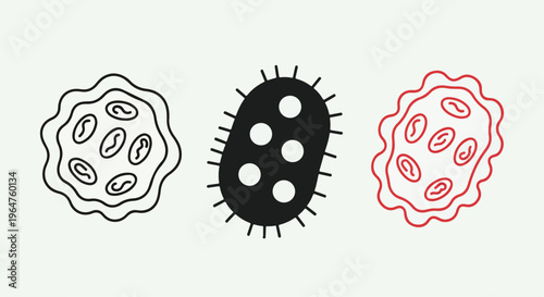 Graphic illustrations of bacteria cells in black line, filled black, and red outline styles on a white background.