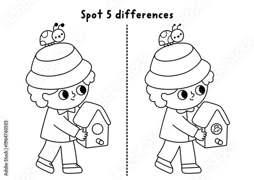 Garden black and white find differences game for children. Spring line educational activity with boy gardener going with birdhouse. Cute puzzle for kids. Printable worksheet, coloring page