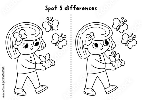 Garden black and white find differences game for children. Spring line educational activity with girl gardener going with baby plant, butterflies. Puzzle for kids. Printable worksheet, coloring page