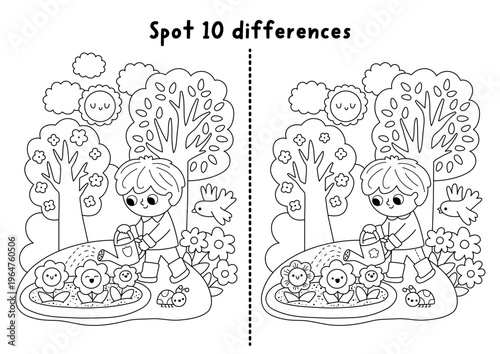 Garden black and white find differences game for children. Spring line educational activity with boy gardener watering flower. Puzzle for kids. Printable worksheet, coloring page, nature scene