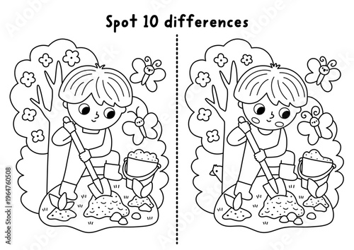 Garden black and white find differences game for children. Spring line educational activity with boy gardener digging ground, planting seedling. Puzzle for kids. Printable worksheet, coloring page