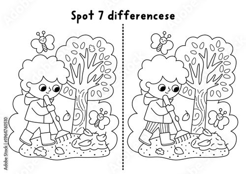 Garden black and white find differences game. Spring line educational activity with boy gardener raking leaves with rake. Puzzle for kids. Printable worksheet, coloring page, nature scene