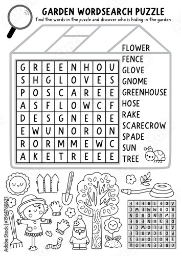 Vector black and white garden word search puzzle for kids. Wordsearch line quiz shaped as greenhouse with scarecrow, tree, flower, hose, rake. Spring educational cross word activity, coloring page