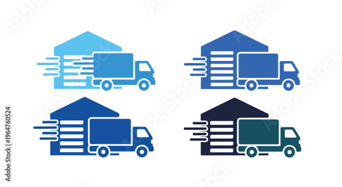 Four blue and black icons of delivery trucks with houses on a white background, showcasing various shades and styles.
