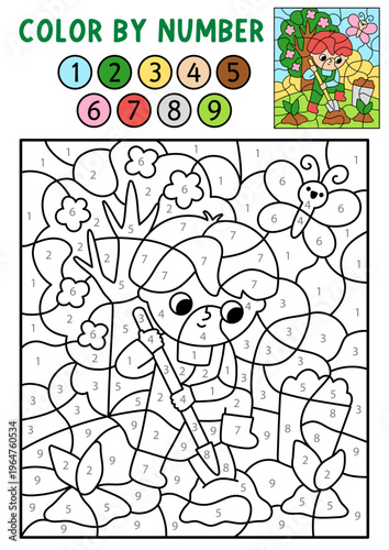 Vector garden color by number activity with boy digging earth. Spring black and white counting, colouring game. Cute coloring page for kids. Line printable worksheet with kid gardener