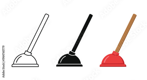 Three colored plunger icons in a row on a white background.