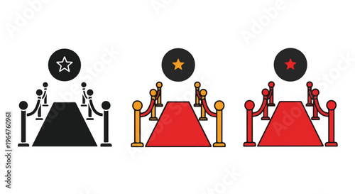 Illustration of three cartoon people climbing red and black ramp steps with gold and silver stars on a white background.