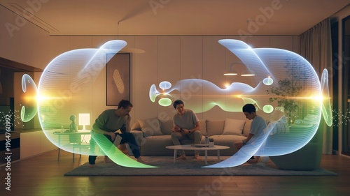 Glowing Light Bubbles Floating in Modern Living Room with Family