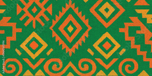 Abstract Vibrant green, orange, and yellow tribal pattern on fabric background with texture.