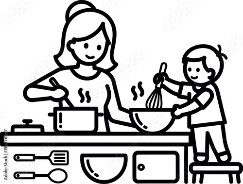 Happy mother and young child enjoying quality time together in the kitchen, learning to cook and preparing a delicious family meal, fostering culinary skills.