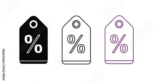 Three discount tags with percentage symbols in black, white, and purple on a white background.